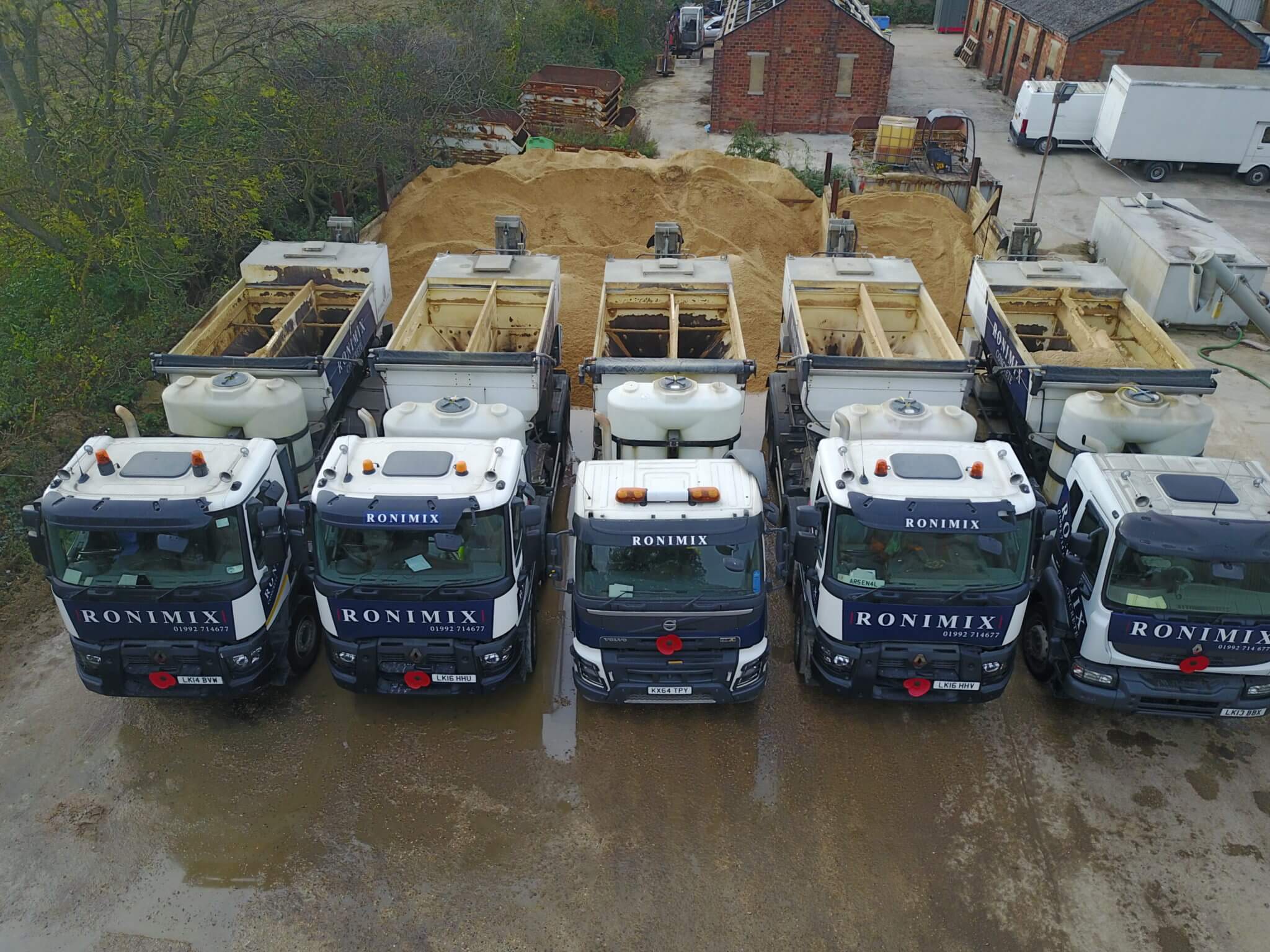Ronimix Concrete Lorries from above and lined up for Remembrance Day 2017 02